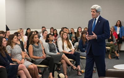 U.S. Secretary of State John Kerry engages with LBJ School students during the Vietnam War Summit, April 27, 2016 photo: Jay Godwin